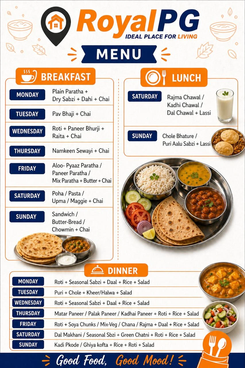 Royal PG weekly meal menu chart — 7-day vegetarian meal schedule